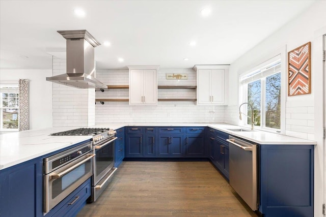 320 Putnam Ave, Port Chester, NY 10573 - kitchen with open shelves, appliances with stainless steel finishes, blue cabinets, and recessed lighting