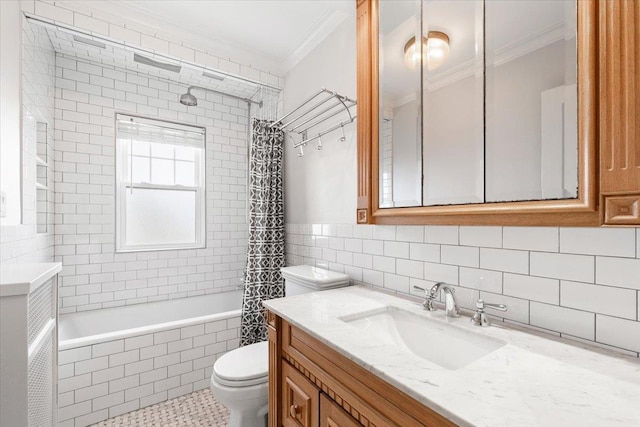320 Putnam Ave, Port Chester, NY 10573 - full bathroom featuring crown molding, toilet, tile walls, vanity, and tiled shower / bath