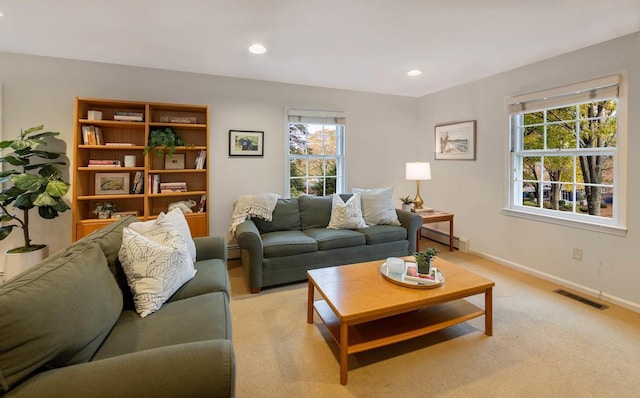 carpeted living room featuring a baseboard radiator and a healthy amount of sunlight