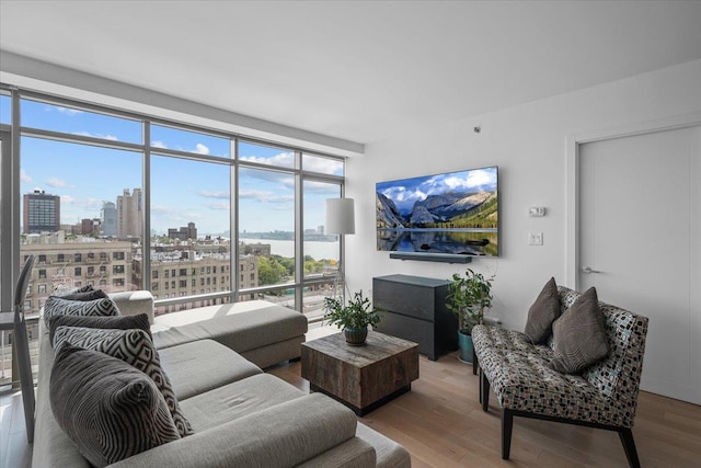 living room featuring hardwood / wood-style floors and a wall of windows