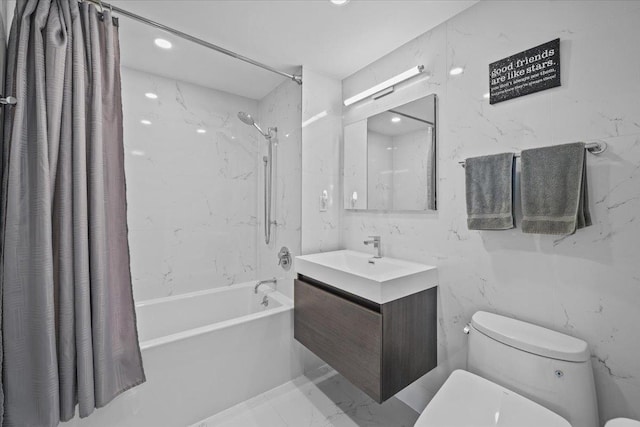 full bathroom featuring vanity, shower / bath combination with curtain, and toilet