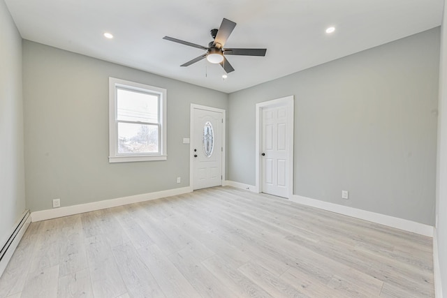 unfurnished room featuring a baseboard radiator, light hardwood / wood-style floors, and ceiling fan