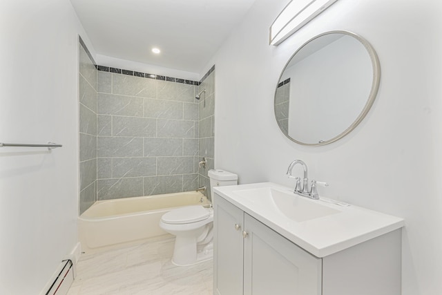 full bathroom featuring vanity, a baseboard radiator, toilet, and tiled shower / bath