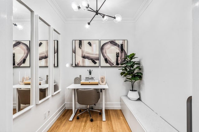 office with ornamental molding, a chandelier, and wood-type flooring