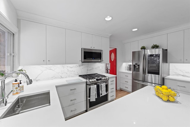 kitchen featuring a sink, white cabinetry, stainless steel appliances, and light countertops