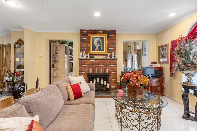 tiled living room with a fireplace and ornamental molding