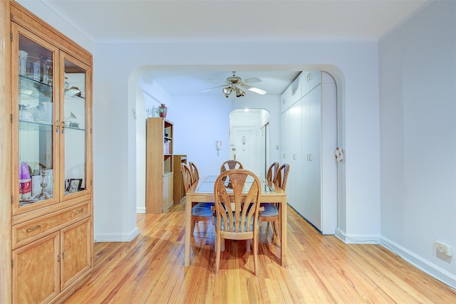 dining area featuring ceiling fan and light hardwood / wood-style floors