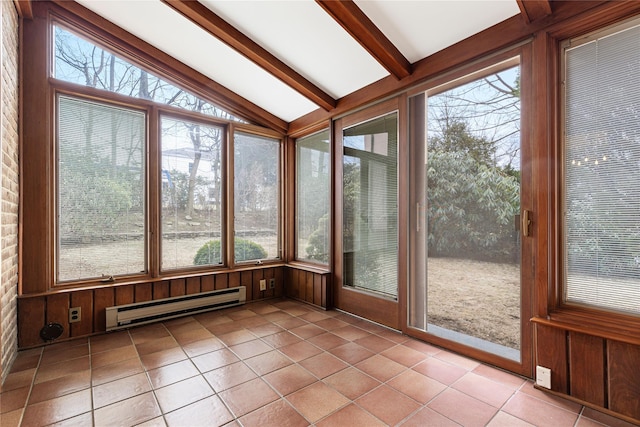 unfurnished sunroom with a baseboard heating unit and lofted ceiling with beams