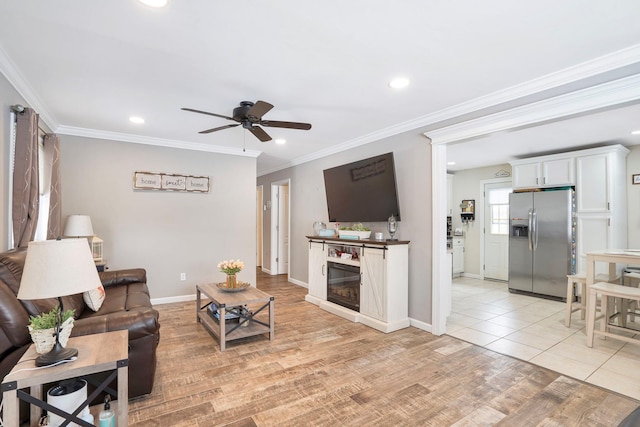 living room featuring crown molding, ceiling fan, and light wood-type flooring