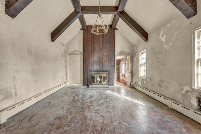 unfurnished living room featuring beam ceiling, high vaulted ceiling, an inviting chandelier, and baseboard heating