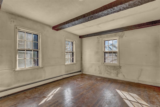 empty room featuring beam ceiling, dark wood-type flooring, and a baseboard radiator