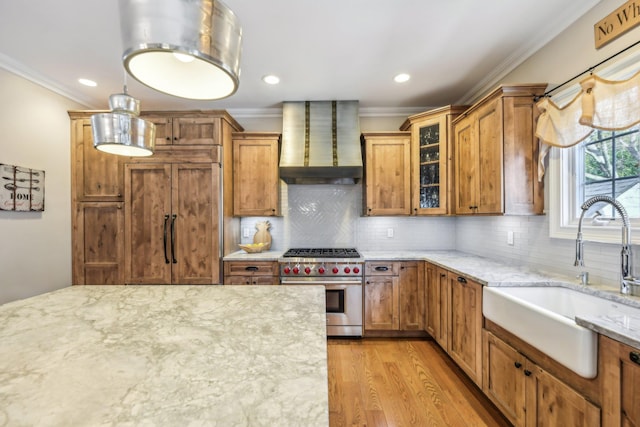 kitchen with ornamental molding, a sink, wall chimney exhaust hood, and high end stainless steel range