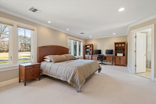 carpeted bedroom with crown molding