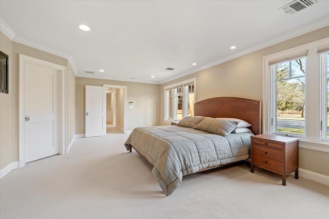 carpeted bedroom with multiple windows and ornamental molding