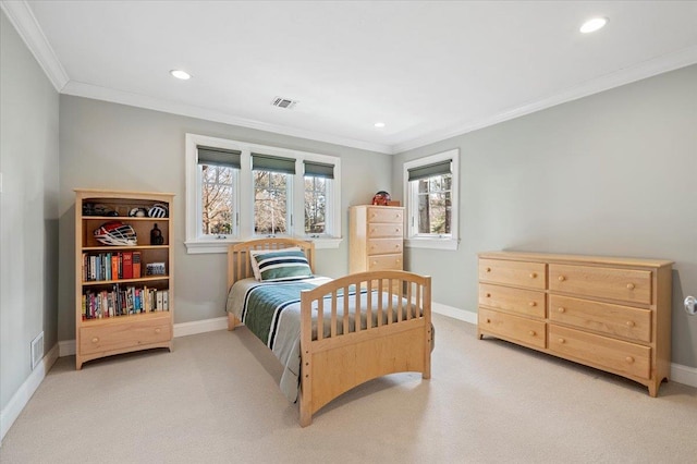 bedroom featuring light carpet and crown molding