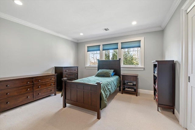 bedroom featuring ornamental molding and light colored carpet