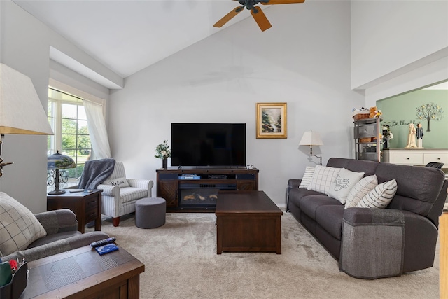 106 Williams Way S, Baiting Hollow, NY 11933 - carpeted living area featuring ceiling fan and high vaulted ceiling