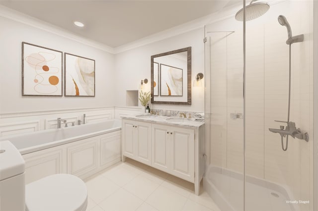 full bathroom with toilet, a garden tub, a shower stall, and crown molding