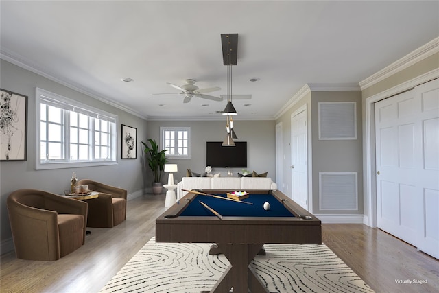 recreation room with light wood finished floors, billiards, visible vents, and crown molding