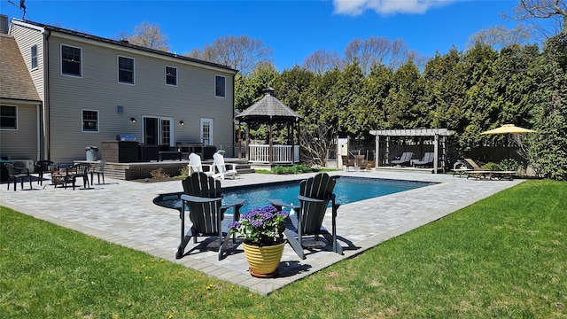 2 Bridle Path, Westhampton Beach, NY 11978 - view of swimming pool featuring a fire pit, a fenced in pool, a gazebo, a pergola, and a lawn