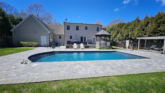 2 Bridle Path, Westhampton Beach, NY 11978 - pool with fence, a gazebo, an outdoor fire pit, and a patio