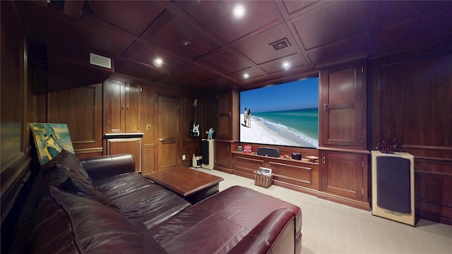 2 Bridle Path, Westhampton Beach, NY 11978 - home theater room with visible vents, wood walls, recessed lighting, light colored carpet, and wood ceiling