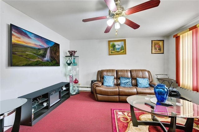 living room with ceiling fan, carpet floors, and baseboard heating