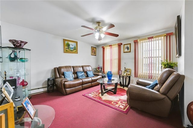 living room with ceiling fan, carpet floors, and baseboard heating