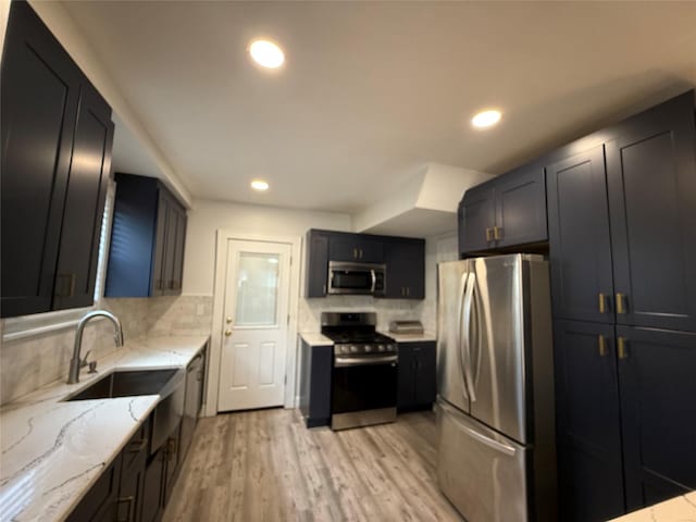 204 N Grove St, Valley Stream, NY 11580 - kitchen with stainless steel appliances, light stone countertops, a sink, backsplash, and recessed lighting