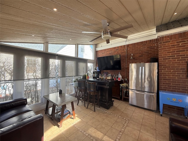 204 N Grove St, Valley Stream, NY 11580 - living room featuring a bar, ceiling fan, wood ceiling, brick wall, and healthy amount of natural light