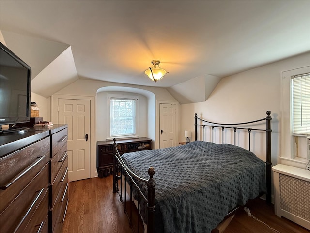 204 N Grove St, Valley Stream, NY 11580 - bedroom featuring radiator heating unit, dark wood-style floors, and lofted ceiling