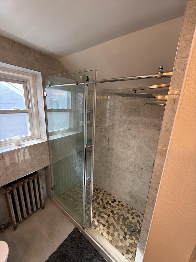 204 N Grove St, Valley Stream, NY 11580 - full bath with radiator heating unit, a shower stall, vaulted ceiling, and toilet
