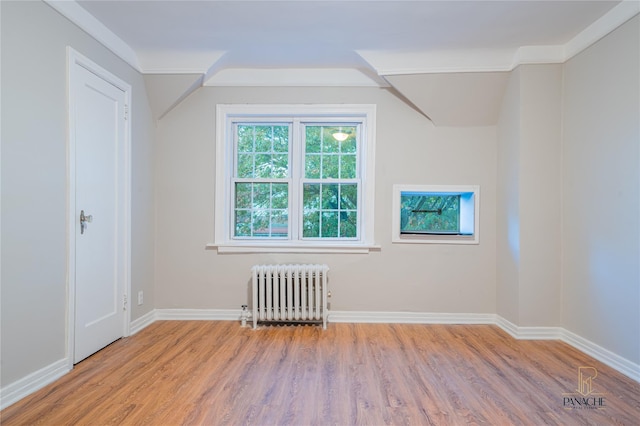 bonus room with radiator heating unit and light hardwood / wood-style floors