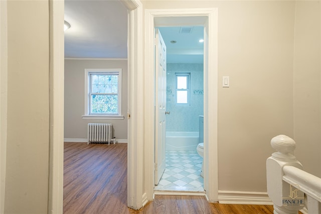 hallway featuring radiator, wood-type flooring, and a healthy amount of sunlight