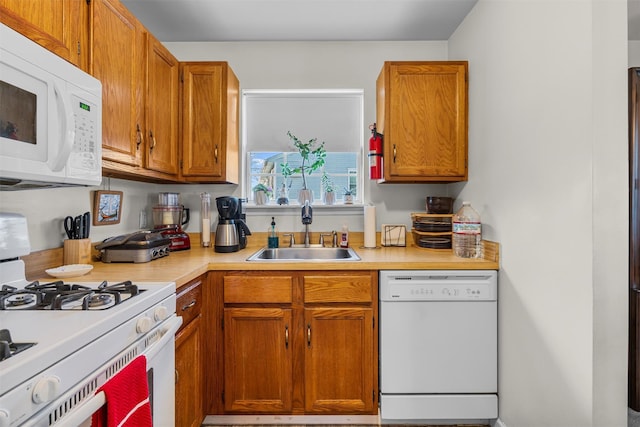 kitchen featuring brown cabinets, white appliances, light countertops, and a sink