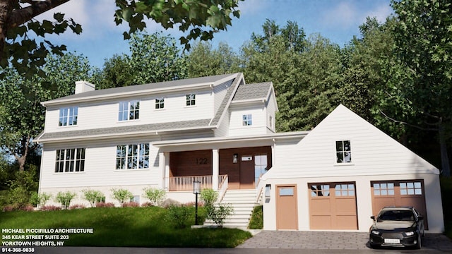 view of front of house with a porch, an attached garage, driveway, stairway, and a chimney