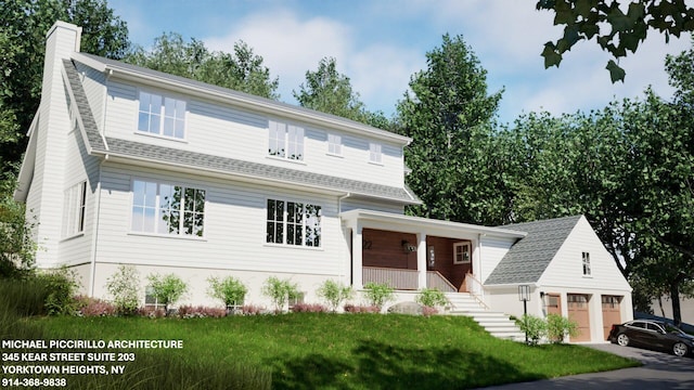 view of front of house with a garage, a chimney, roof with shingles, covered porch, and a front lawn