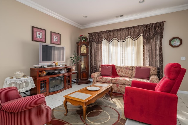 living room with light tile patterned floors, ornamental molding, visible vents, and baseboards