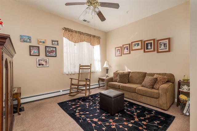 carpeted living room featuring a ceiling fan, visible vents, and baseboard heating