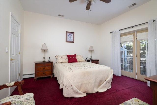 bedroom featuring access to exterior, dark colored carpet, visible vents, baseboard heating, and ceiling fan