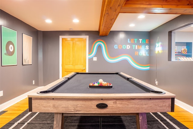 playroom with billiards, beam ceiling, and light hardwood / wood-style flooring