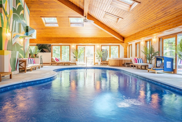 view of swimming pool featuring a skylight