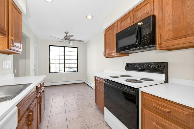 kitchen with electric stove, light tile patterned floors, ceiling fan, white dishwasher, and baseboard heating