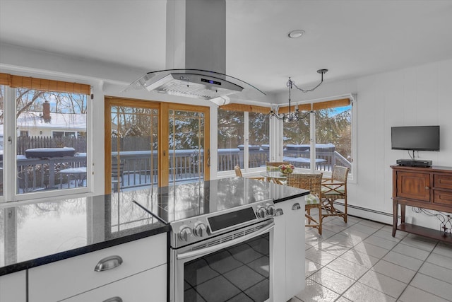 kitchen with stainless steel electric range, white cabinetry, a healthy amount of sunlight, island exhaust hood, and a baseboard radiator