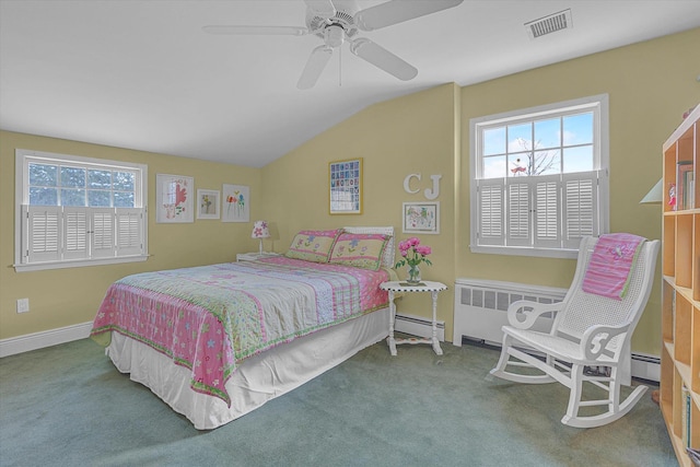 bedroom featuring lofted ceiling, ceiling fan, baseboard heating, radiator heating unit, and carpet