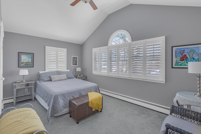 carpeted bedroom with vaulted ceiling, ceiling fan, and baseboard heating