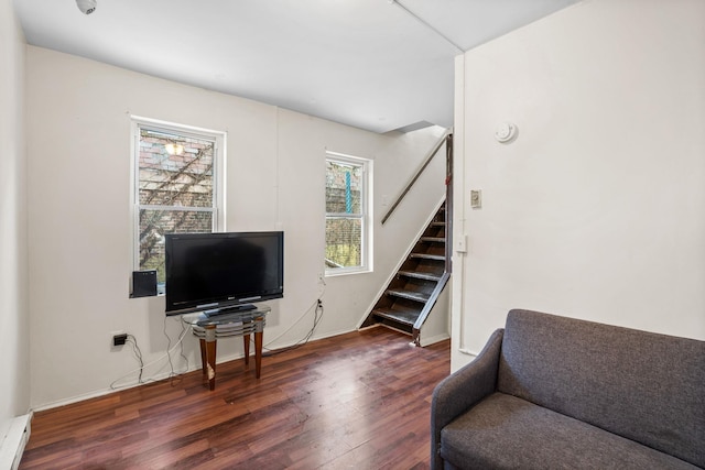 living room with a baseboard radiator and dark hardwood / wood-style floors