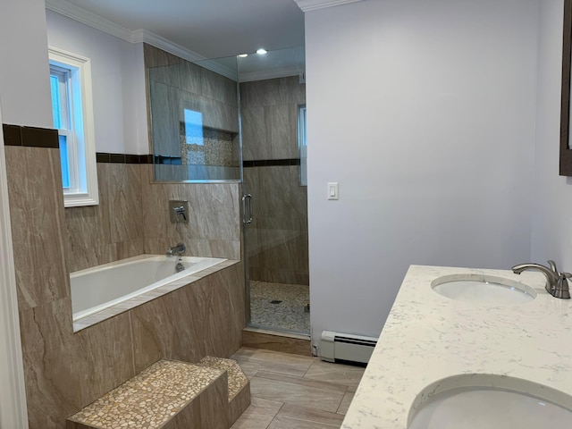 bathroom featuring baseboard heating, vanity, plus walk in shower, and crown molding