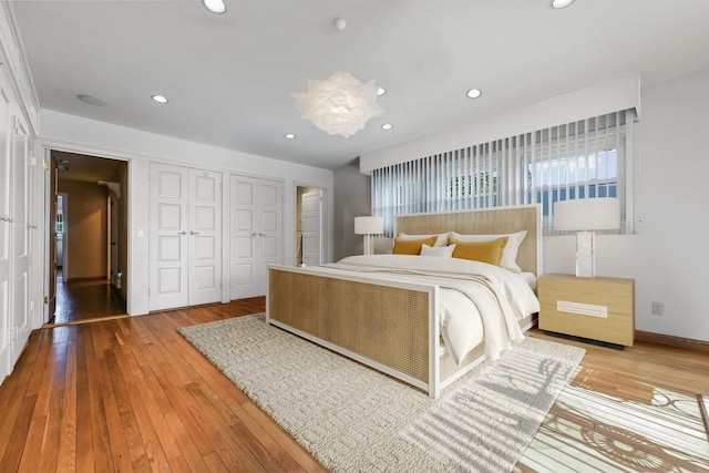 bedroom featuring wood-type flooring and a closet