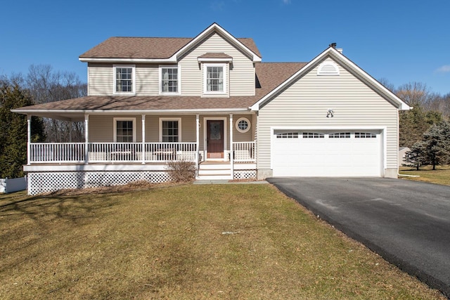 farmhouse-style home featuring covered porch, a garage, a shingled roof, driveway, and a front lawn